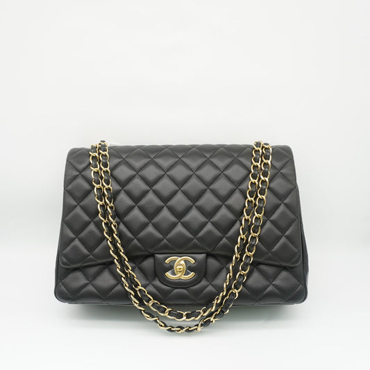 Chanel Classic Maxi Flap Bag in Black Lambskin with Gold-Tone Hardware [Pre-Owned]