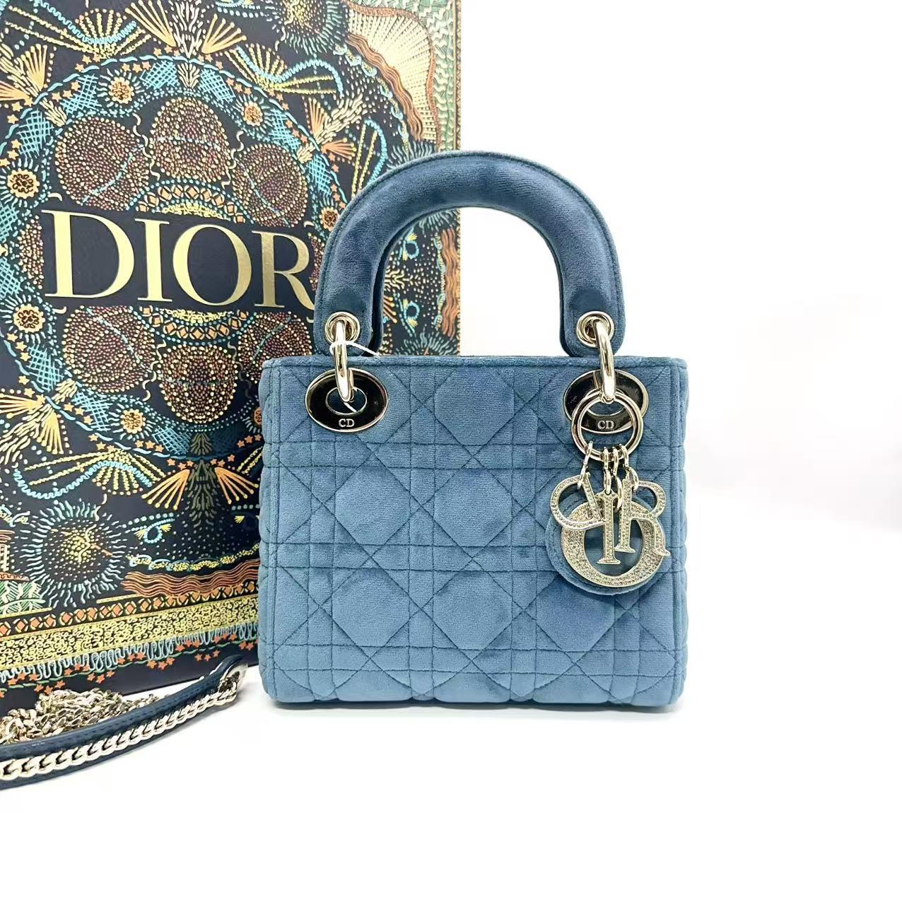 Christian Dior Lady Dior Mini in Blue Cannage Velvet with Silver-Tone Hardware [Pre-Owned]