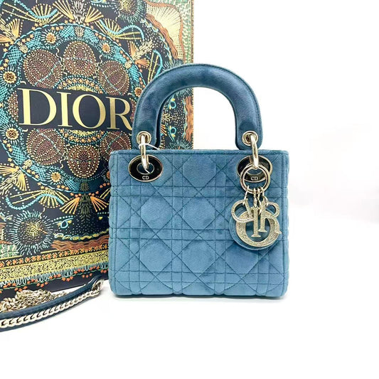 Christian Dior Lady Dior Mini in Blue Cannage Velvet with Silver-Tone Hardware [Pre-Owned]
