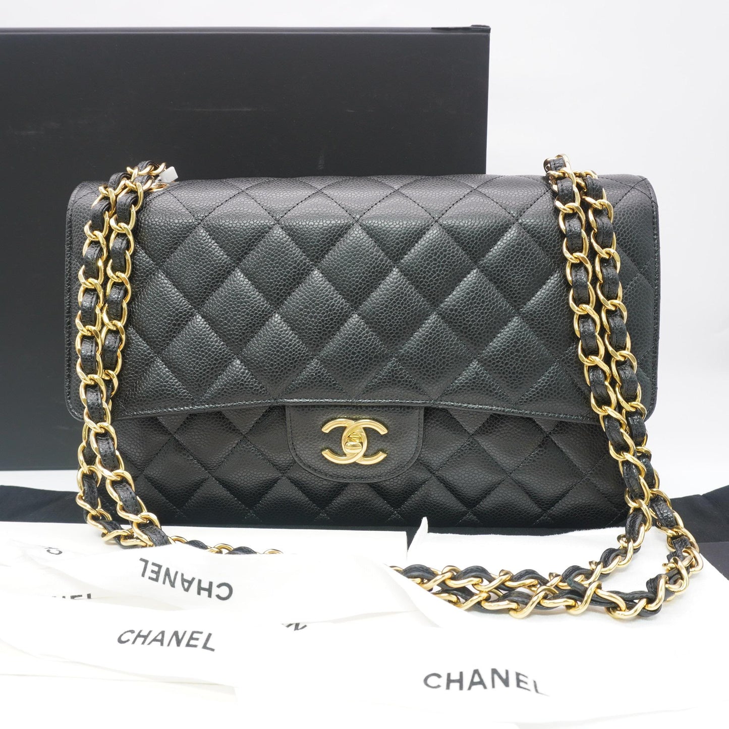 Chanel Classic Jumbo Single Flap Bag in Black Caviar Leather with Gold-Tone Hardware [Pre-Owned]