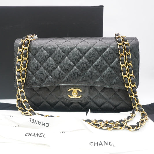 Chanel Classic Jumbo Single Flap Bag in Black Caviar Leather with Gold-Tone Hardware [Pre-Owned]