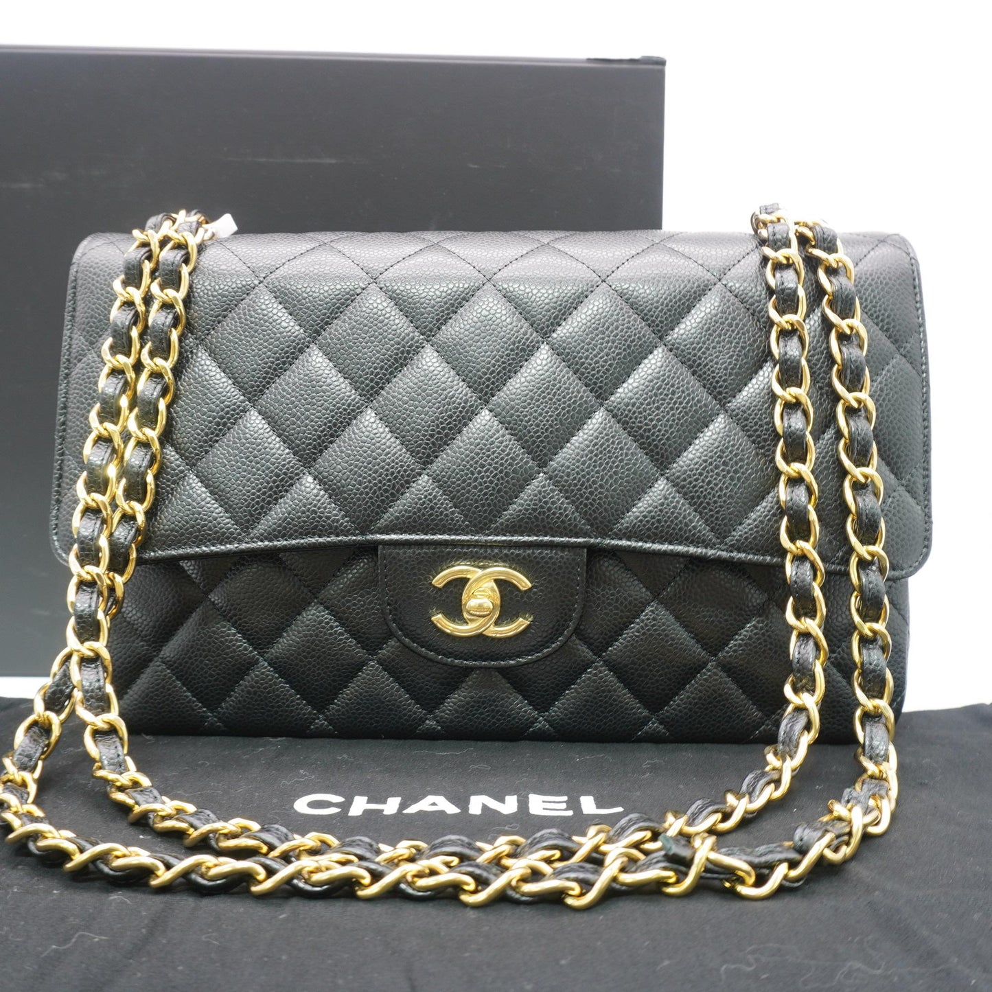 Chanel Classic Jumbo Single Flap Bag in Black Caviar Leather with Gold-Tone Hardware [Pre-Owned]