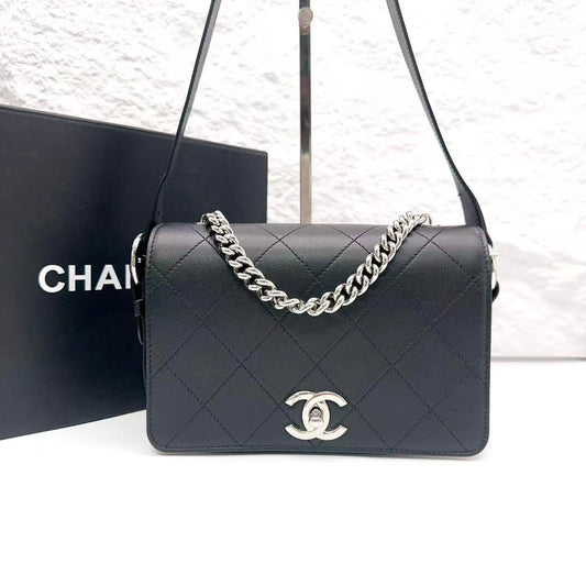 Chanel Classic Flap Messenger Bag in Black Calfskin with Silver-Tone Hardware [Pre-Owned]