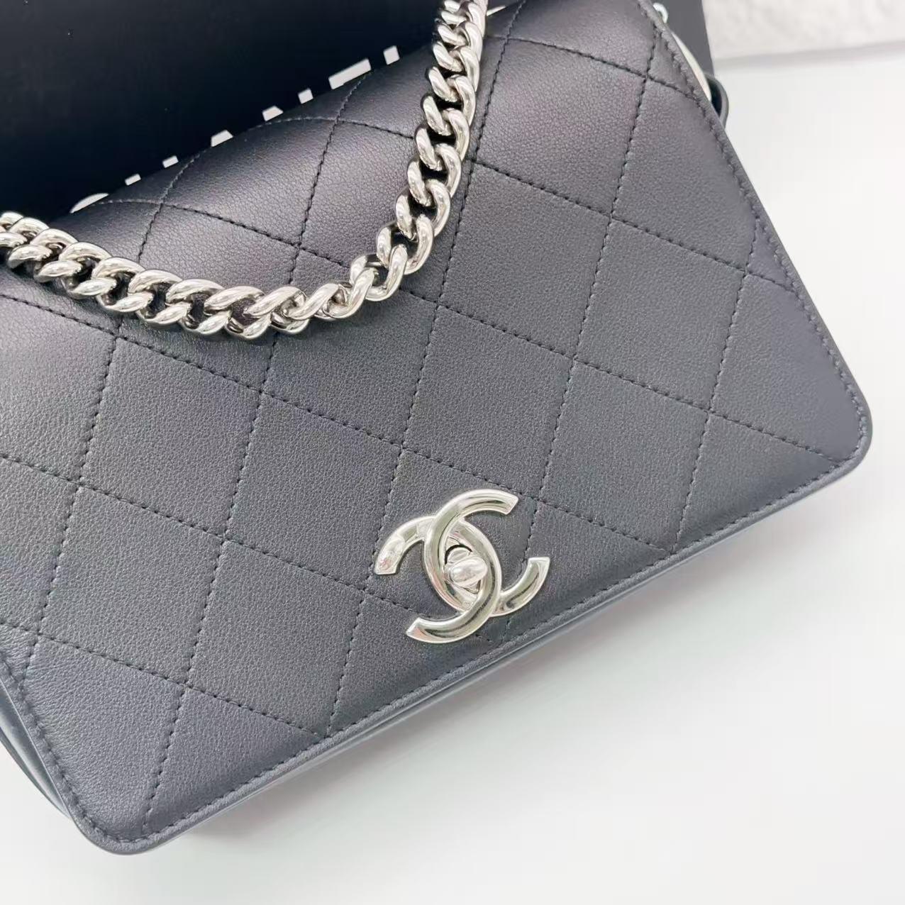 Chanel Classic Flap Messenger Bag in Black Calfskin with Silver-Tone Hardware [Pre-Owned]