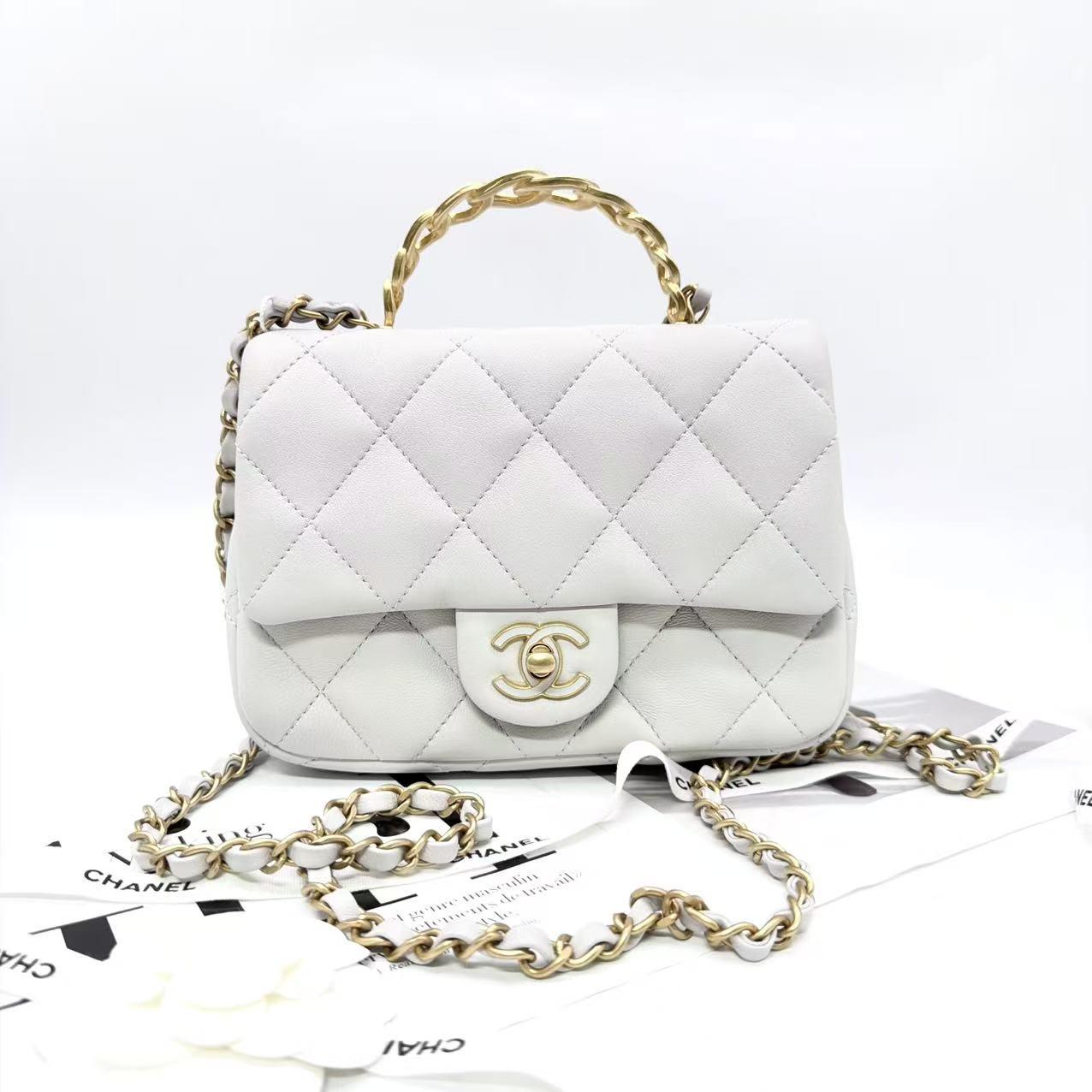 Chanel Classic Mini Flap Bag with Top Handle in White Lambskin Leather with Gold-Tone Hardware [Pre-Owned]