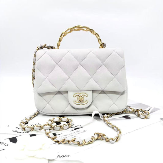 Chanel Classic Mini Flap Bag with Top Handle in White Lambskin Leather with Gold-Tone Hardware [Pre-Owned]