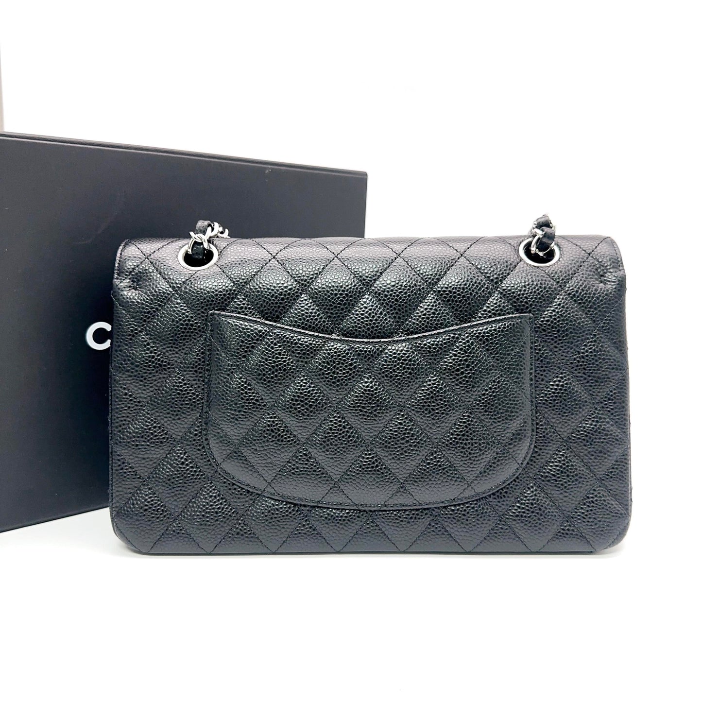 Chanel Classic Maxi Double Flap Bag in Black Caviar Leather with Silver-Tone Hardware [Pre-Owned]
