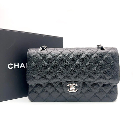 Chanel Classic Maxi Double Flap Bag in Black Caviar Leather with Silver-Tone Hardware [Pre-Owned]