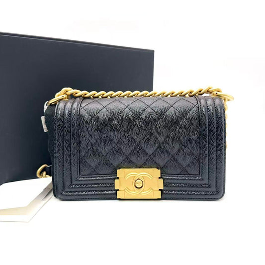 Chanel Le Boy Medium Flap Bag in Black Caviar Leather with Gold-Tone Hardware [Pre-Owned]