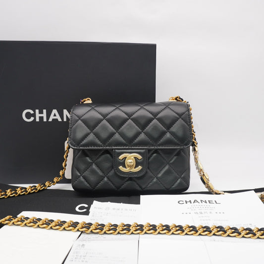 Chanel Mini Square Flap Bag in Black Lambskin Leather with Gold-Tone Hardware [Pre-Owned]