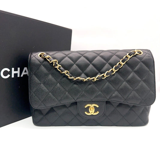 Chanel Classic Jumbo Double Flap Bag in Black Caviar Leather with Gold-Tone Hardware [Pre-Owned]