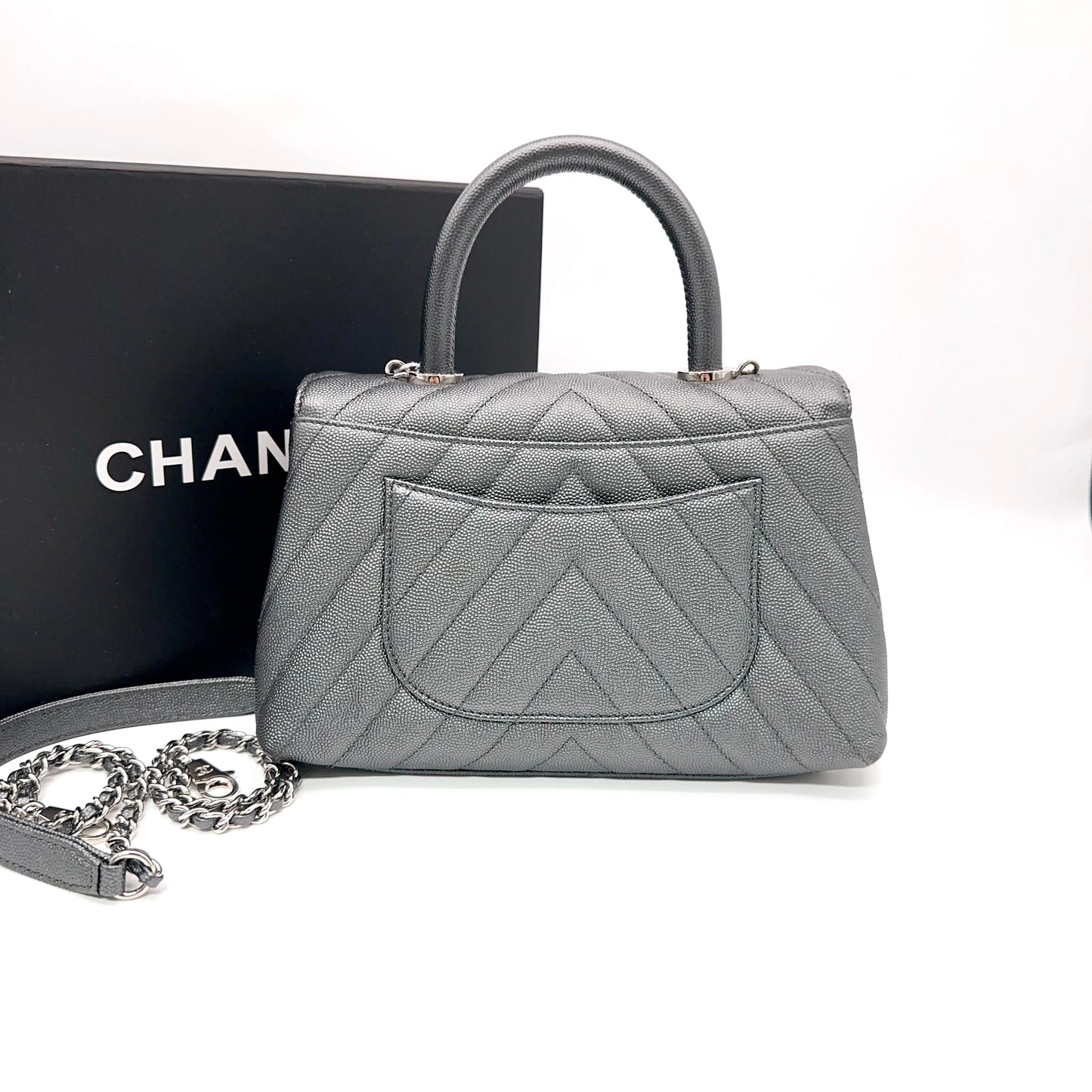 Chanel Coco Handle Medium in Grey Caviar Leather with Silver-Tone Hardware [Pre-Owned]