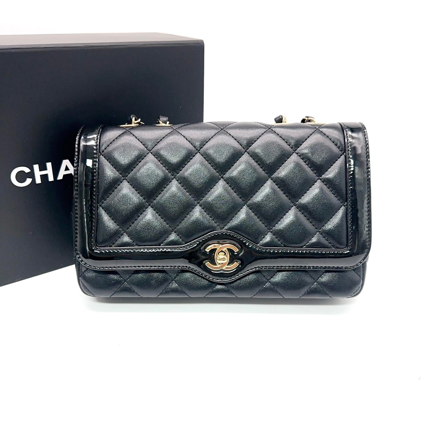 Chanel Black Quilted Lambskin Flap Bag with Patent Trim & Gold-Tone Hardware [Pre-Owned]