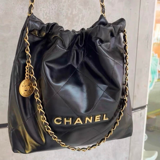 Chanel 22 Small Handbag in Black Calfskin with Gold-Tone Hardware [Pre-Owned]